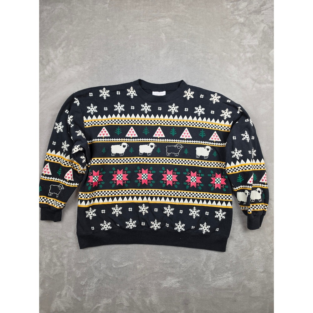 Vintage Spumoni Sweatshirt Women L Sheep Christmas Snowflake Fair Isle Oversized
